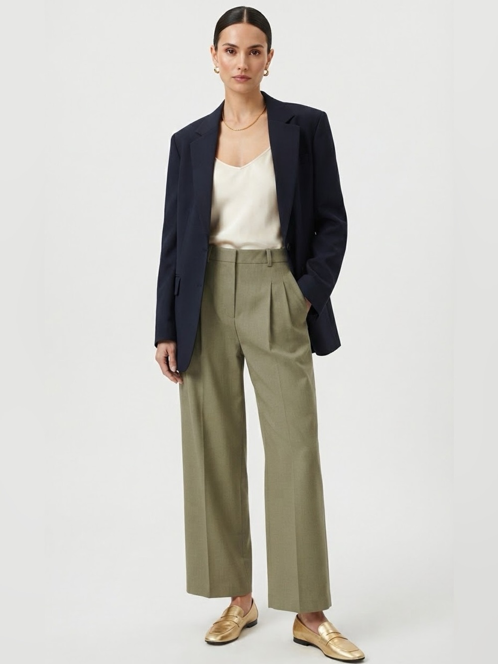 Crescent Linen Blend High Waisted Trouser Pant in Moss Green